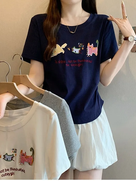 

Женская футболка больших размеров в стиле ретро с мультяшным принтом и вышивкой букв, с коротким рукавом, повседневная, универсальная, летняя, модная, для города