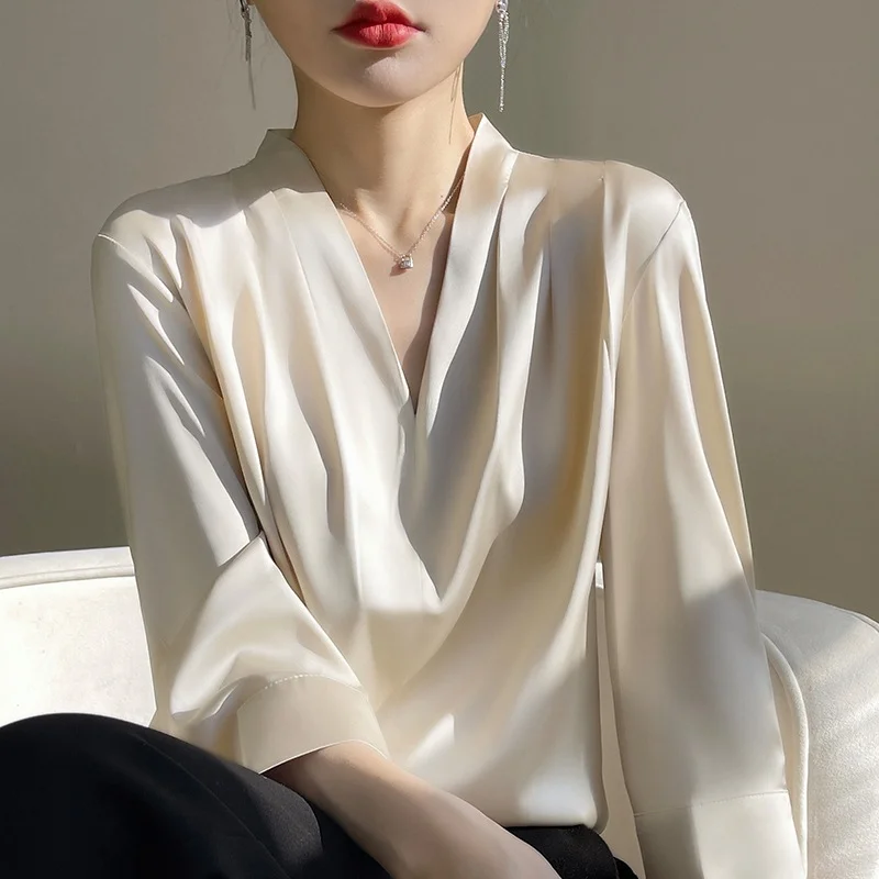 Elegant V-neck Slik Satin Blouse Women Summer Shirt Long Sleeve Casual Office Women Tops Solid Loose White Shirts Blusas 25586