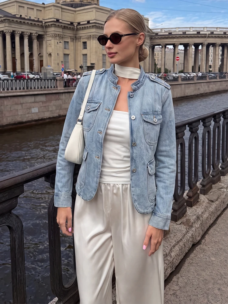 HH Casual Women’s Cropped Denim Jacket 2026 Spring Autumn Long Sleeve Stand Collar Pocket Decoration Short Coat Female Streetwea