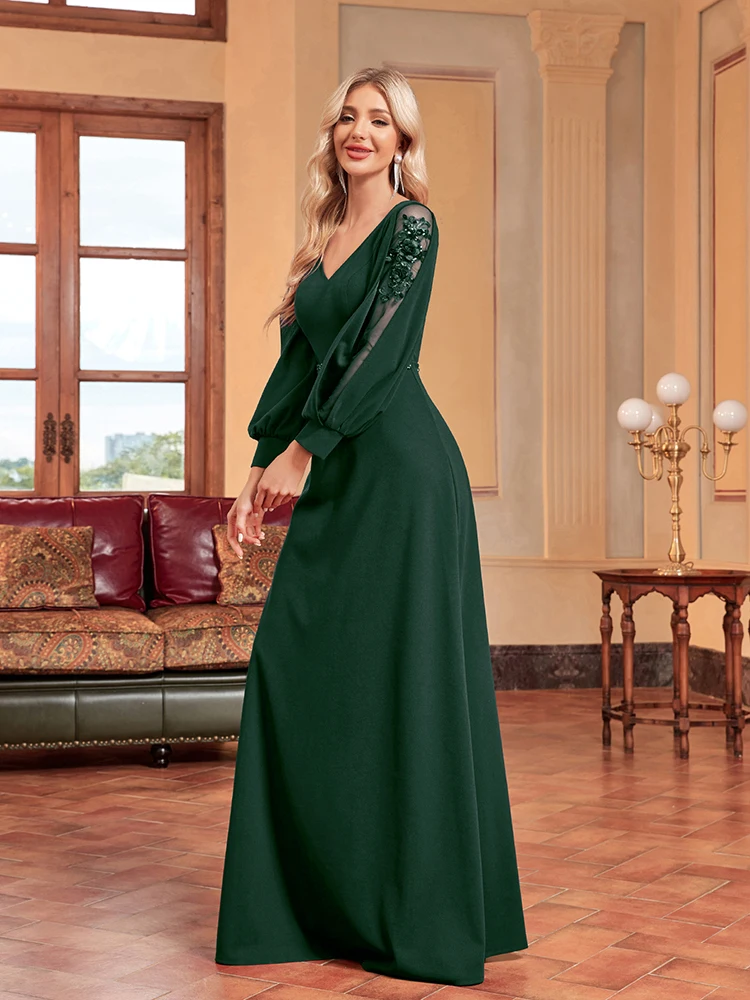 XUIBOL Luxury Applique Long Sleeves Floor LengthGreen Formal Evening Dress Women Elegant Weedding Party V-neck Cocktail Prom