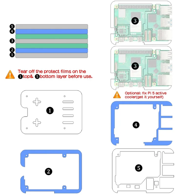 5-lagiges Acrylgehäuse für Raspberry Pi 5, kompatibel mit Raspberry Pi 5 Active Cooler, Präzisionsaussparungen, einfache Installation