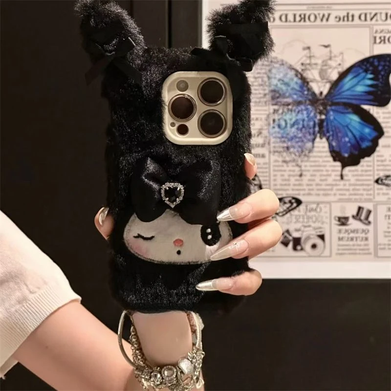 Sanrio Anime IPhone16 Plush Phone Case Girl Autumn and Winter Kuromi My Melody Plush Kawaii IPhone15 Phone Case Cute Girly Heart