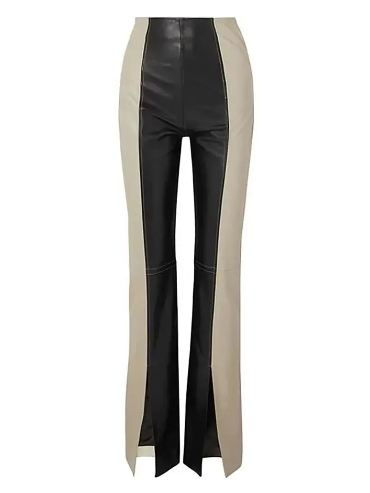 Può adattarsi a 200 cm di altezza Pantaloni in pelle di colore pieno di lunghezza di moda Primavera femminile Pantaloni in pelle pu con design diviso di alta qualità F840