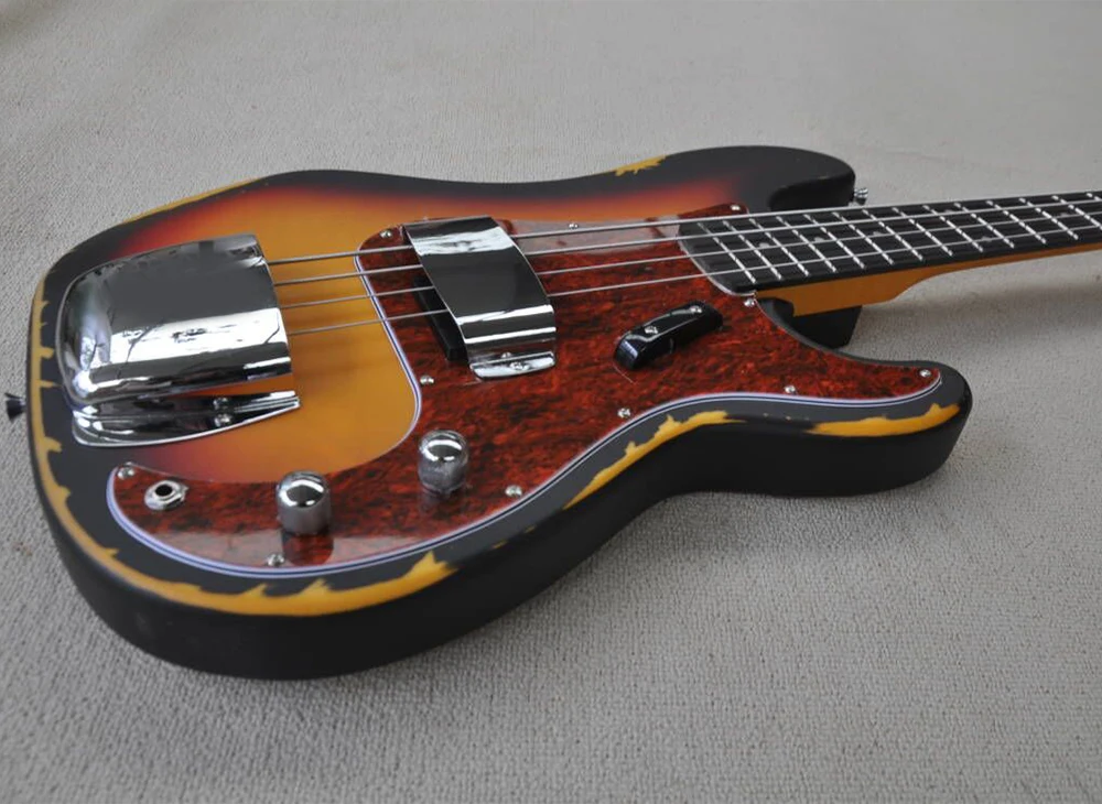 Tobacco Sunburst Relic 4 Strings Electric Bass Guitar with Rosewood Fretboard, Red Pickguard,Customizable