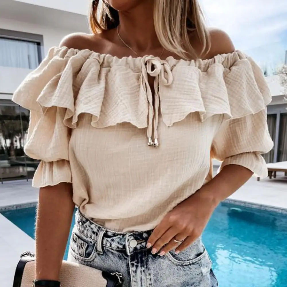 Fashion Sexy Ruffle Women Blouse Shirt Summer Casual Tie-Up Drawstring Tops Pullover Solid Color Elegant Off Shoulder Shirt Chic