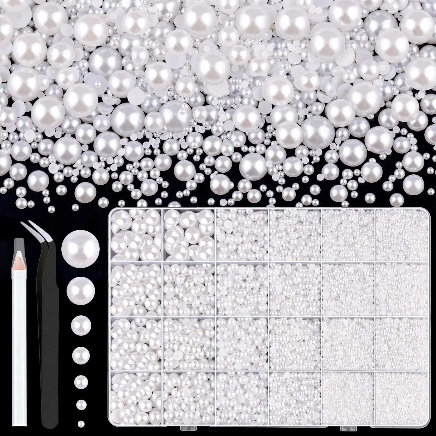13000Pcs Flatback Pearls for Crafting White Beige, Assorted Size 2/3/4/5/6/8/10mm Half Nail Art Pearl with Pick Pen Tweezer