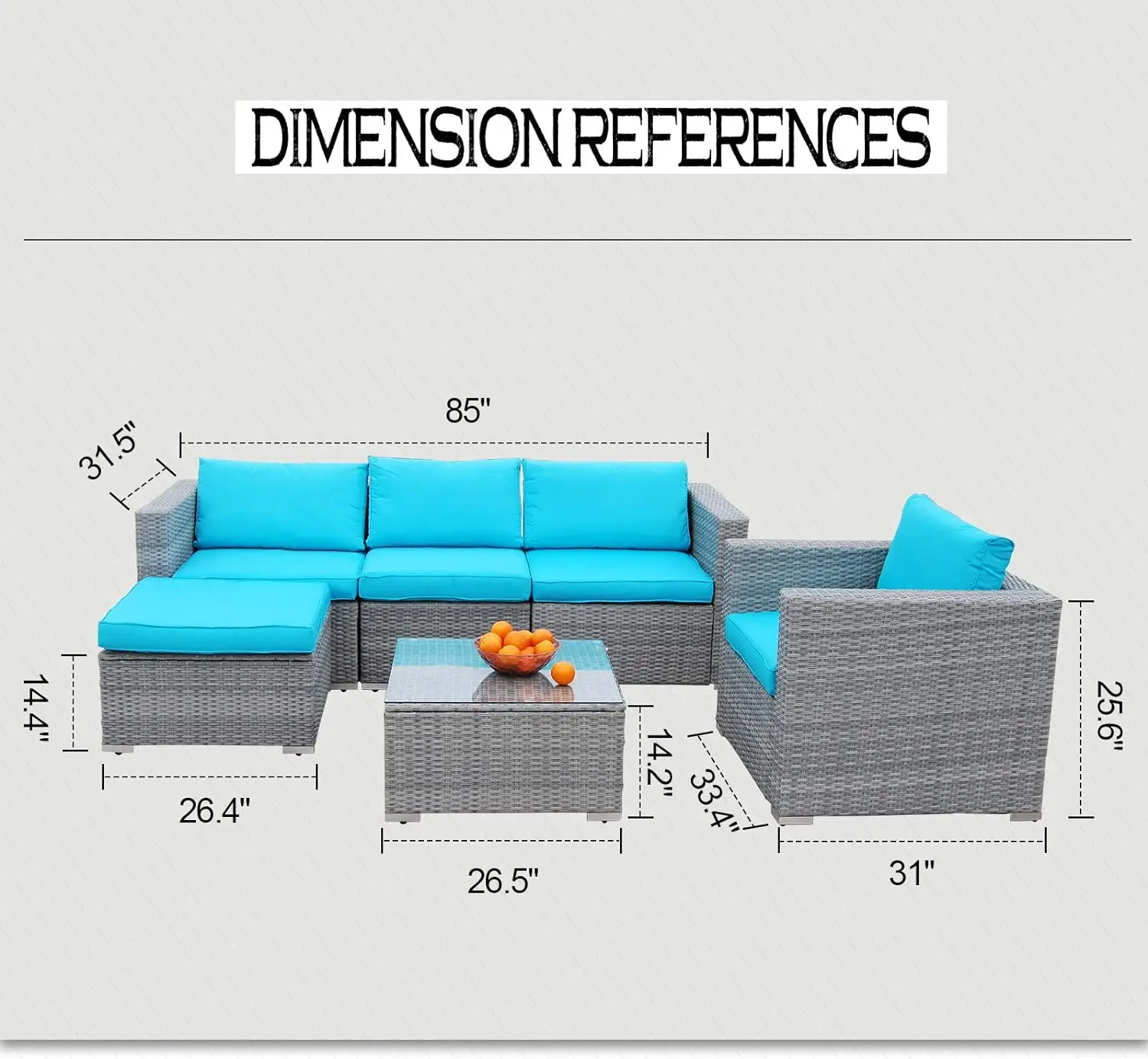 Furniture Set PE Gray Rattan Wicker Sectional Outdoor Sofa Set Outside Couch w/Black Washable Seat Cushions Glass Coffee Table