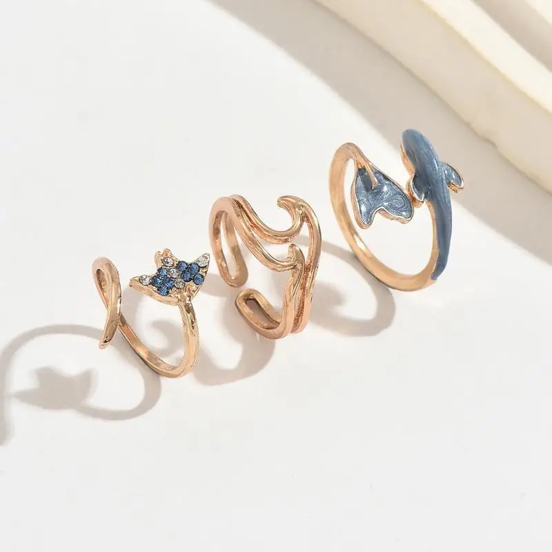 Boho Summer Ocean Blue Fishtail Ring Adjustable Open Stackable Finger Ring for Beach Vacation Party Birthday Gift