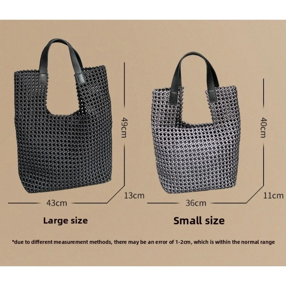 Handmade Hollow Woven Tote Bag for Women Large Capacity Leather Handle Shoulder Bag Casual Fashion Handbag for Daily & Beach