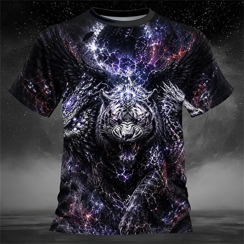 Men's Summer Tiger-Print Round-Neck Fashion T-Shirt Unique Casual and Comfortable Short-Sleeve Outdoor Streetwear Top for Men