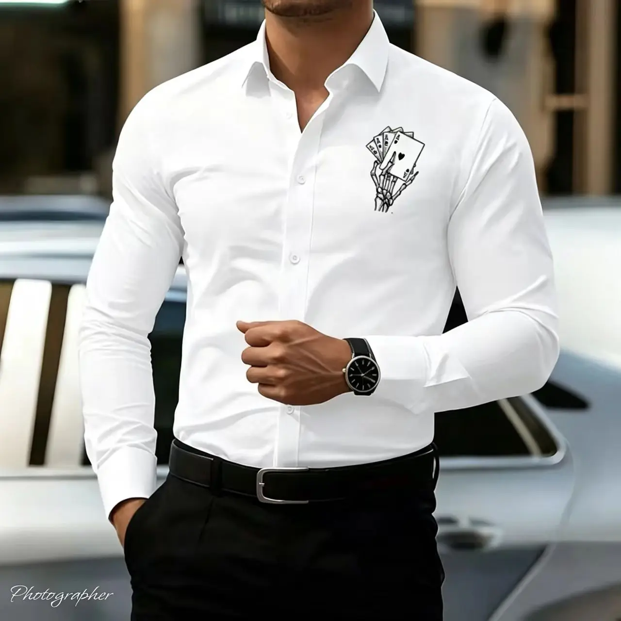 Men's white long sleeved shirt with poker skull print design, suitable for outdoor casual and comfortable men's street shirt