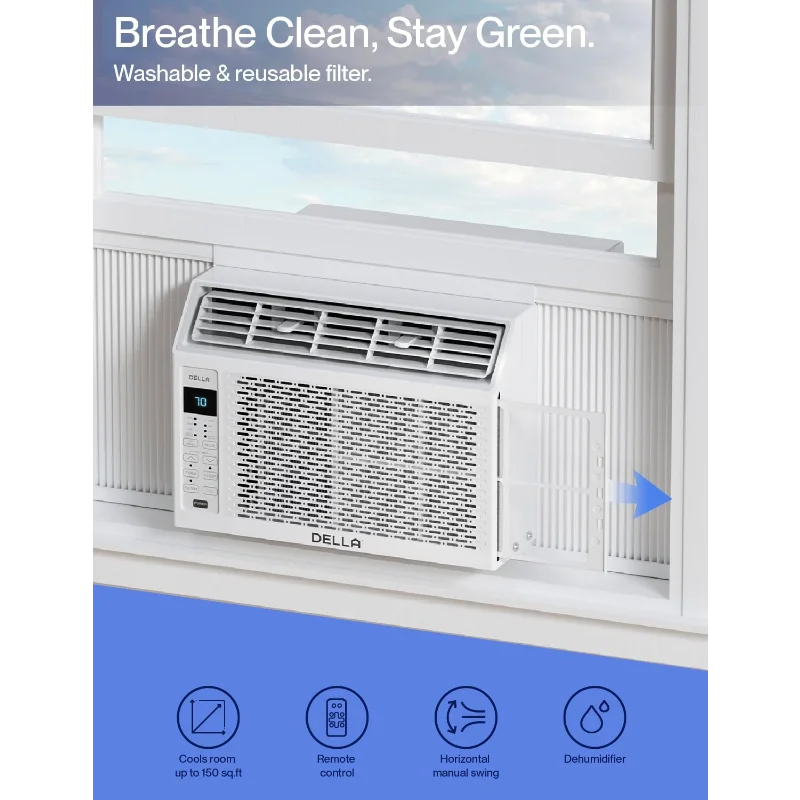 مكيف هواء نافذة ذكي DELLA 5000 BTU متوافق مع Alexa، يبرد حتى 150 متر مربع. قدم، وحدة تيار متردد للغرفة الصغيرة مع موقع GEO،