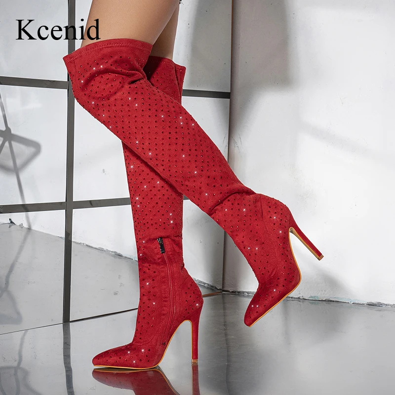 

Kcenid Stretch Fabric Pointed Toe High Heels Over The Knee Boots CRYSTAL Rhinestone Nightclub Stiletto Long Boots Wedding Shoes