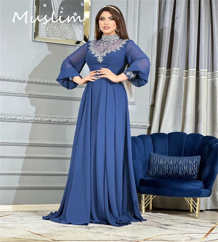 Charming Blue Crystal Evening Dress Arabia Elegant Long Sleeve Chiffon Prom Dress Elegant Formal Occasion Party Gown Customized