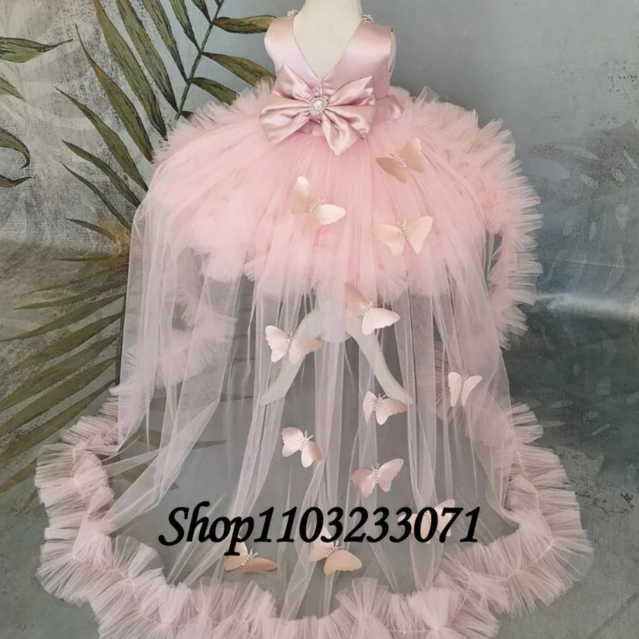 Robe de demoiselle d'honneur moelleuse pour enfants, poignées papillon, queue amovible, bébé fille, mariage, fête d'anniversaire, première communion, robe de Rh