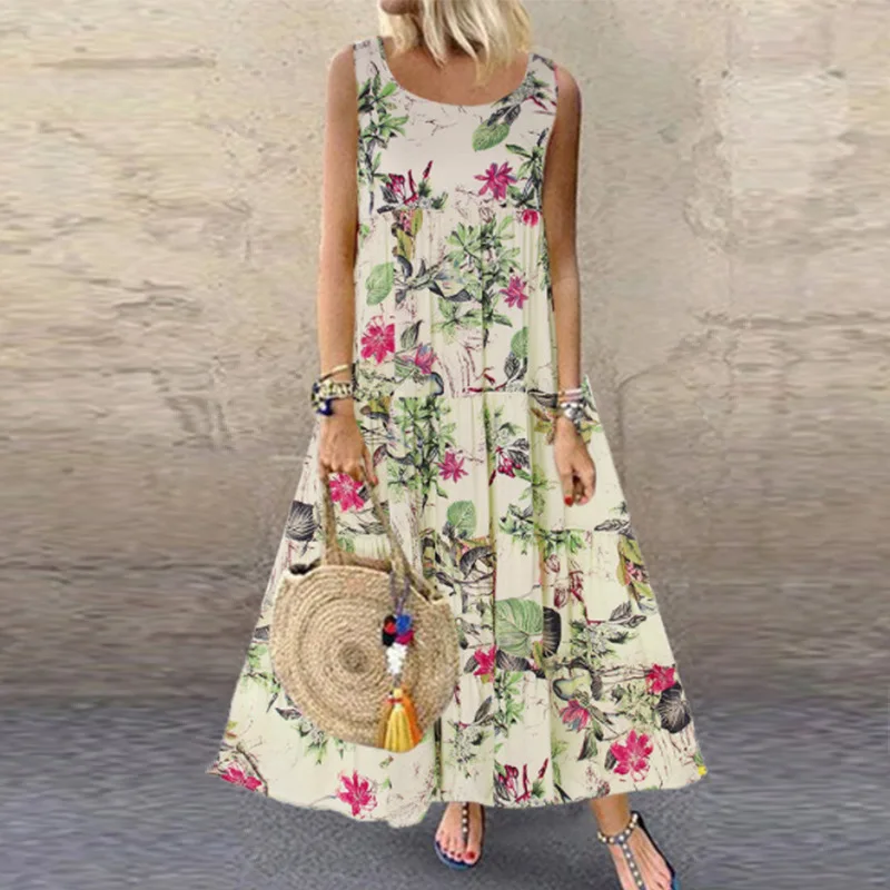 Maxi vestito bohémien da donna estate Casual O collo senza maniche Tank abiti lunghi Vintage stampa floreale allentato prendisole da spiaggia