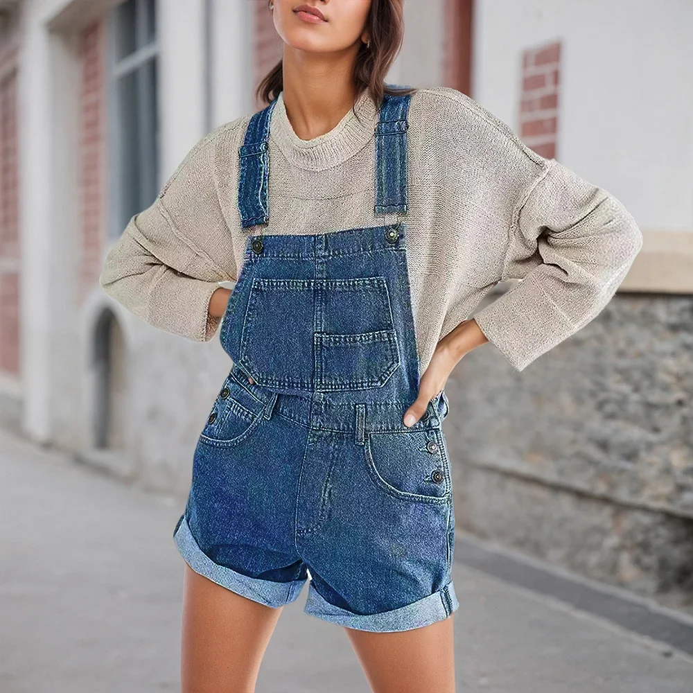 สตรียีนส์หลายกระเป๋า Strappy Dungaree Overalls Jumpsuits Playsuits ฤดูร้อนสุภาพสตรีสบายๆตรงกางเกงขาสั้น Romper S-2XL