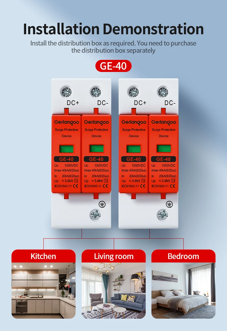 2P DC SPD 20KA 40KA Überspannungsschutzgerät 500V 600V 800V 1000V Spannungsschutz Solar PV Photovoltaik Blitzableiter – Detail 5
