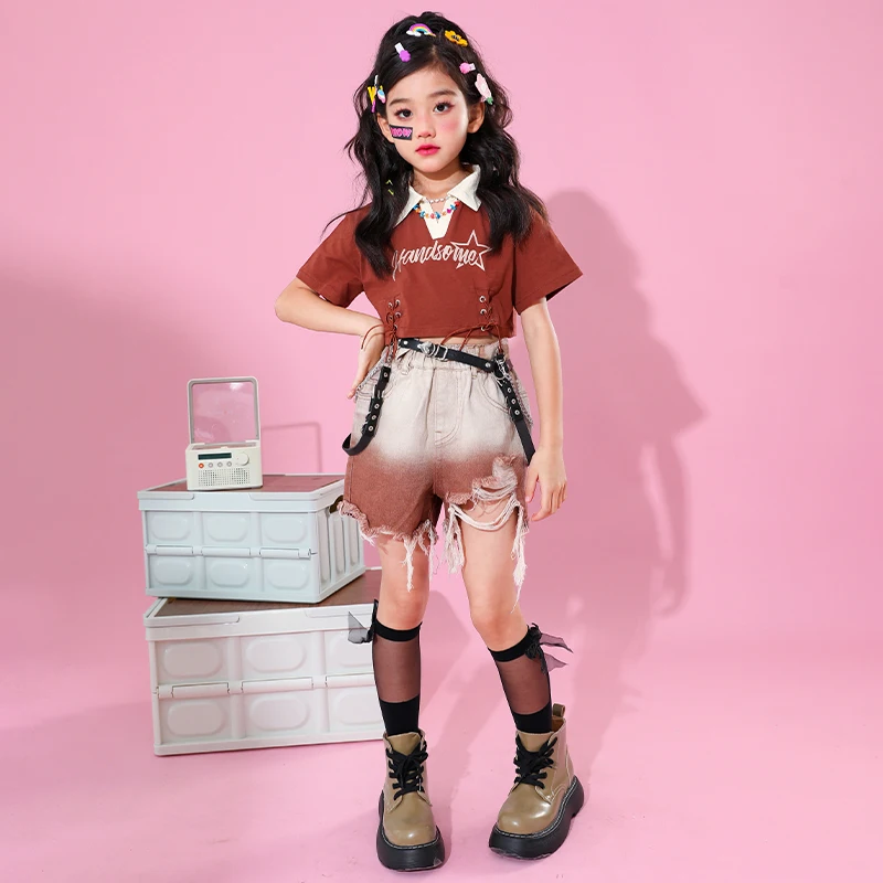 Girls Clothing Sets Summer Print T-shirt Crop Top Denim Shorts Kids Street Wear Suit Teen Hip Hop Outfits 4 6 8 9 10 12 14 Years