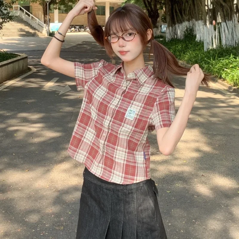 

Deeptown Vintage Y2K Plaid Women's Shirt Short Sleeve Summer Blouse Korean Fashion Casual Retro Japanese 2000s Style Harajuku