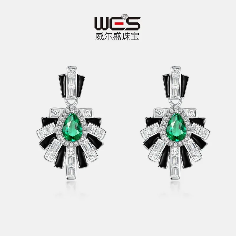 Cultured Emerald Black Enamel Earrings for Women 18K Gold PT950 Platinum Water Drop Color Baby Stone Earrings