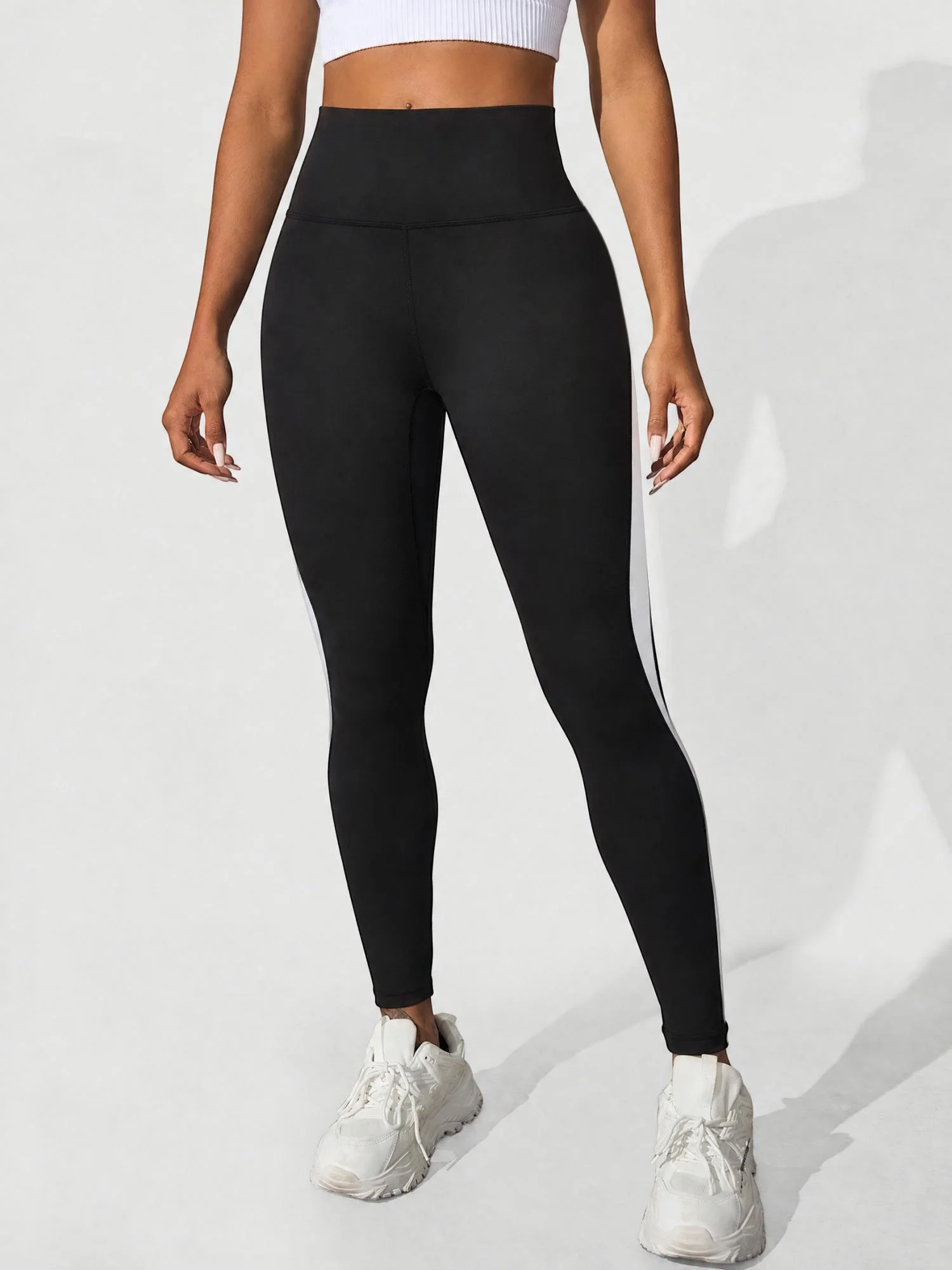 Women High Waist Side White Stripe Yoga Leggings Butt Lifting Tummy Control Stretch Workout Running Athletic Pants