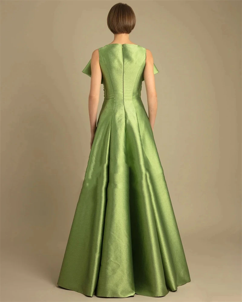 Verde classico brillante raso a-line con scollo a v fiocco senza spalline senza maniche cerniera posteriore elegante abito da sera da donna PROM party personalizzato