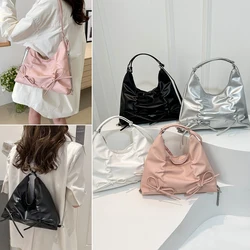 New Women‘s Drawstring Wrinkled Bow Tote Bags PU Leather Large Capacity Shoulder Bag Simple Female Commuting Handbags Backpack