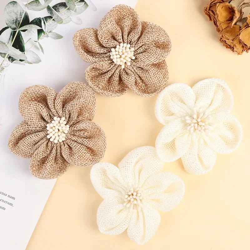 5pcs Handmade Jute Burlap Flowers Hessian Ribbon Bow Vintage Rustic Wedding Table Christmas Party Decor DIY Crafts Gift Wrapping