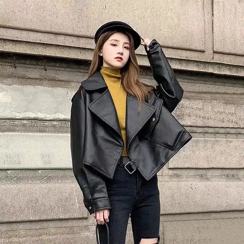 

Loose Casual Motorcycle PU Leather Jacket Black Turn-down Collar Pocket Jacket 2023 Autumn Winter Women's Vintage Fashion Jacket