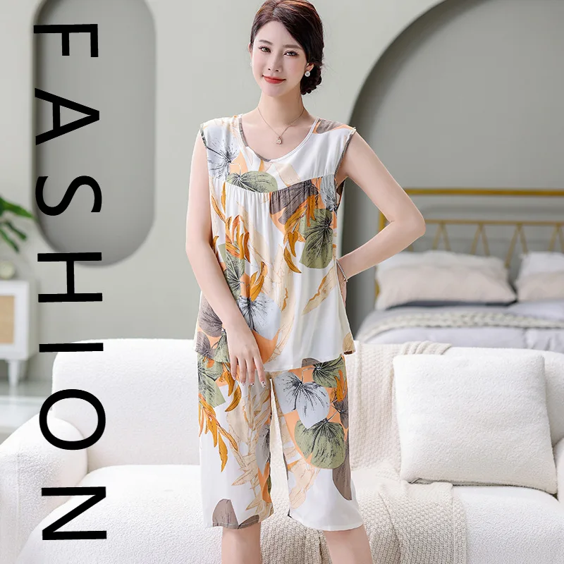

Summer cotton and silk pajamas women's sleeveless vest five-point pants two-piece set summer cotton silk middle-aged mother wome