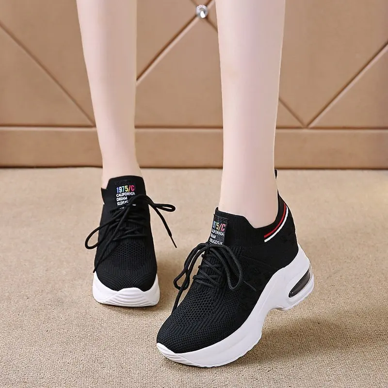 Womens PU Fabric Retro Lace-Up Sneakers Women\'s Heels Summer Autumn Fashion Designer Tennis Female Breathable Shoes
