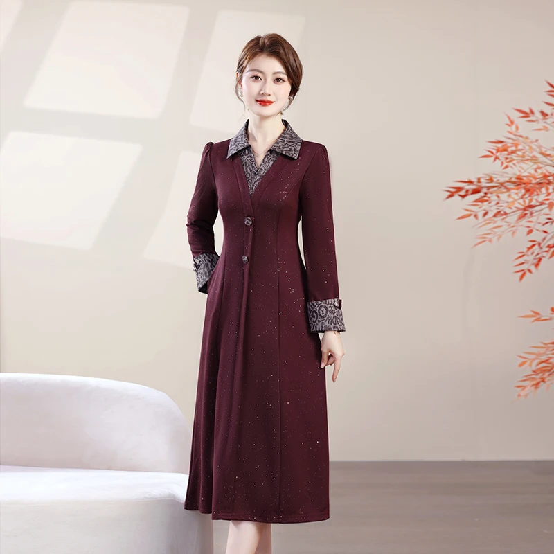 Vestido de dos piezas falso con solapa para mujer, temperamento elegante, otoño 2025, vestido de calle de manga larga para exteriores, diseñador de talla grande