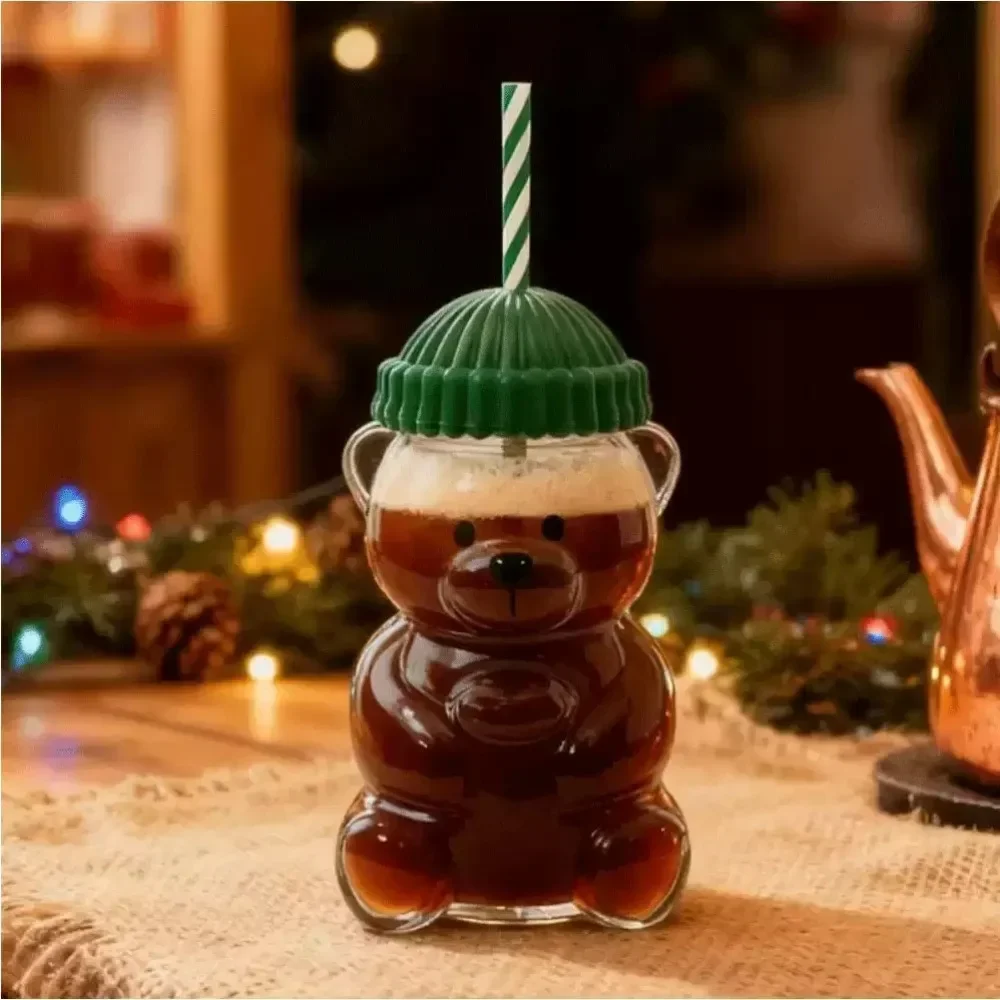 كوب بقشة الدب الجديد 2025، كوب زجاجي لطيف مع قش قابل لإعادة الاستخدام - تصميم حيوانات فيروسية للعصائر والقهوة المثلجة والقهوة المثلجة Chr