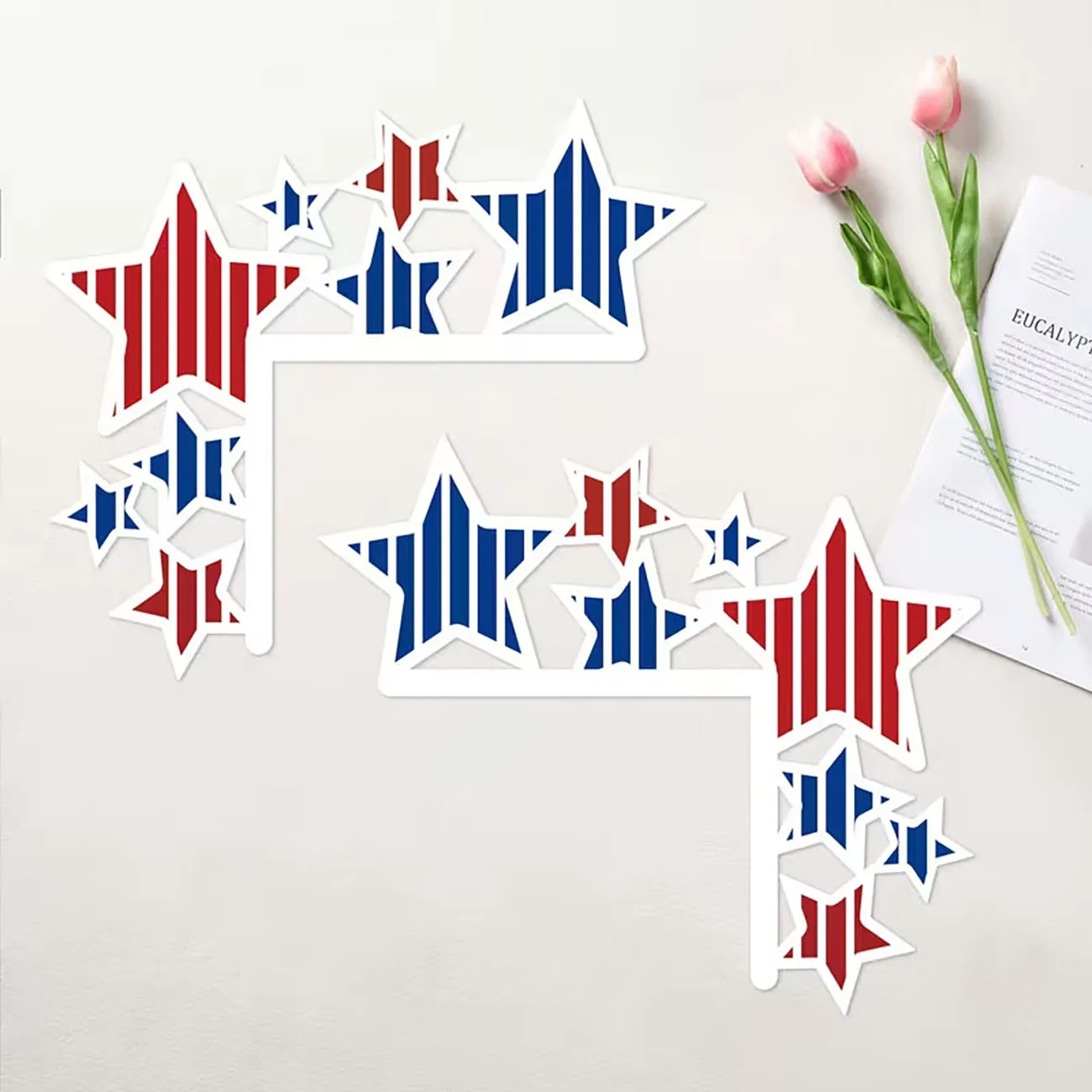 2 Pcs Wooden Patriotic Star Door Corner Ornaments Red Blue Striped Stars Wood Cutouts for Home Door Frame Decor