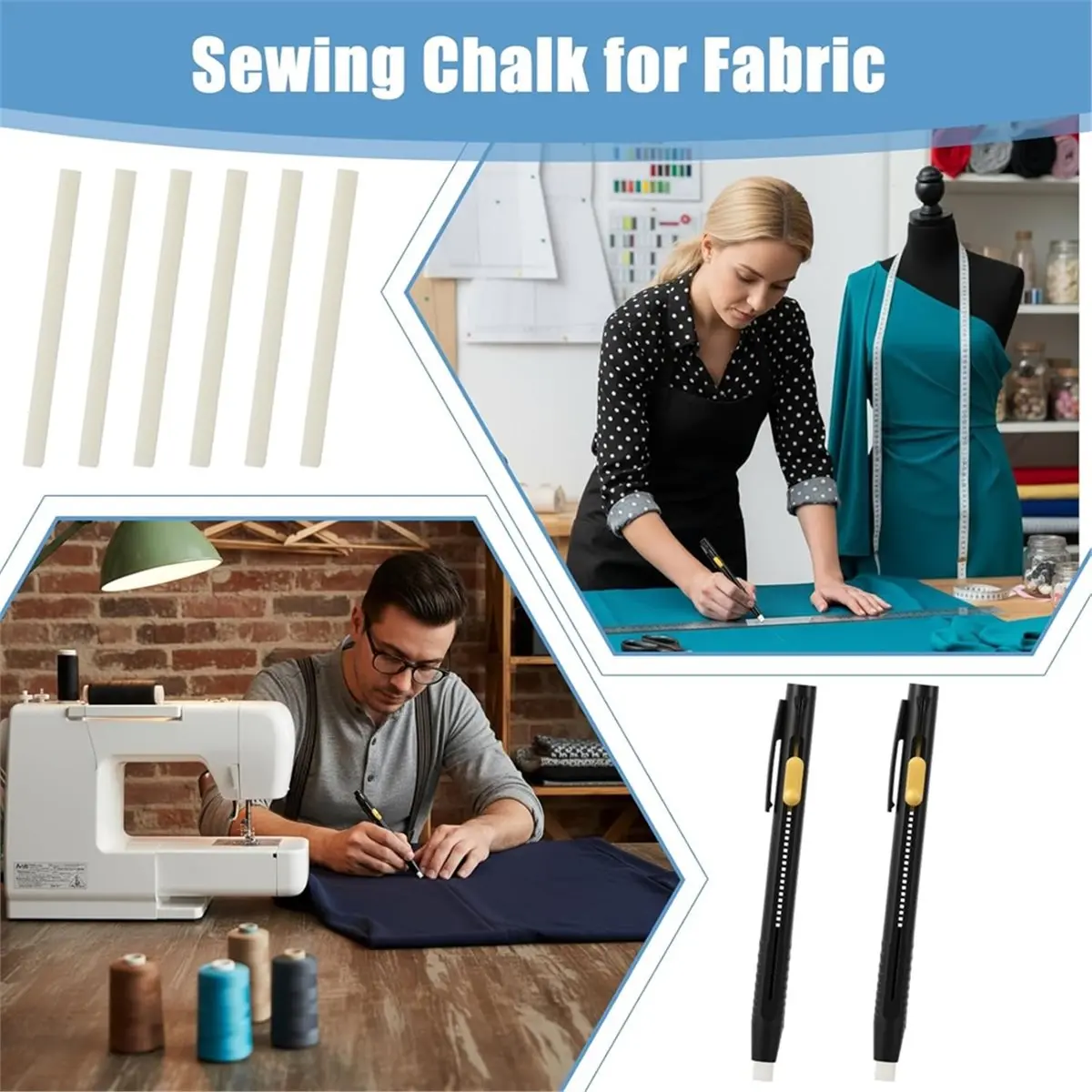 

Fabric Chalk Pencil Set, 2 Pcs Mechanical Marking Pens with 20 White Refills and Sharpener, for Sewing, Quilting and DIY