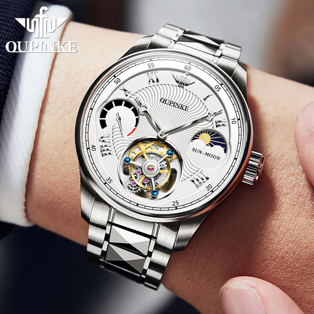 OUPINKE True Tourbillon Men Watch Top Luxury Brand Automatic Mechanical Watch 24-hour Moonphase Sapphire Mirror Men Watch 8001