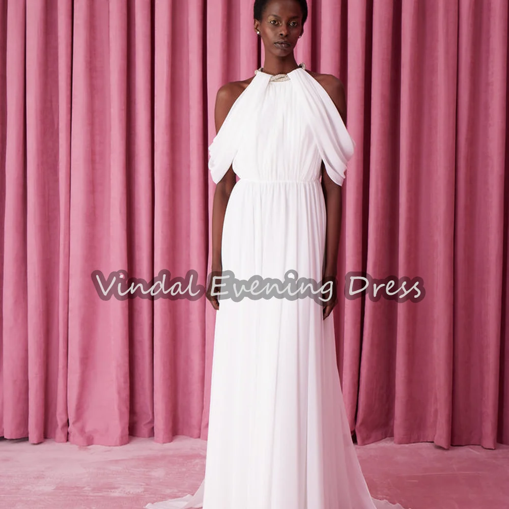 

Vindal Chiffon A-line O-neck Draped Floor Length Saudi Evening Dresses For Women 2025 With Beading Arad Short Sleeves Party Gown