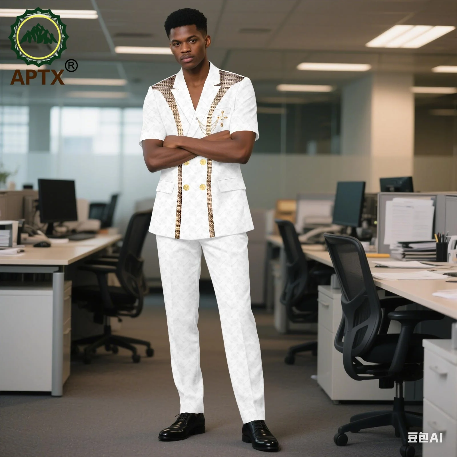 African clothing For Men short-sleeved suit set Traditional Wedding Custom Attire Gold Coat Pants Set Party Suits  2516058