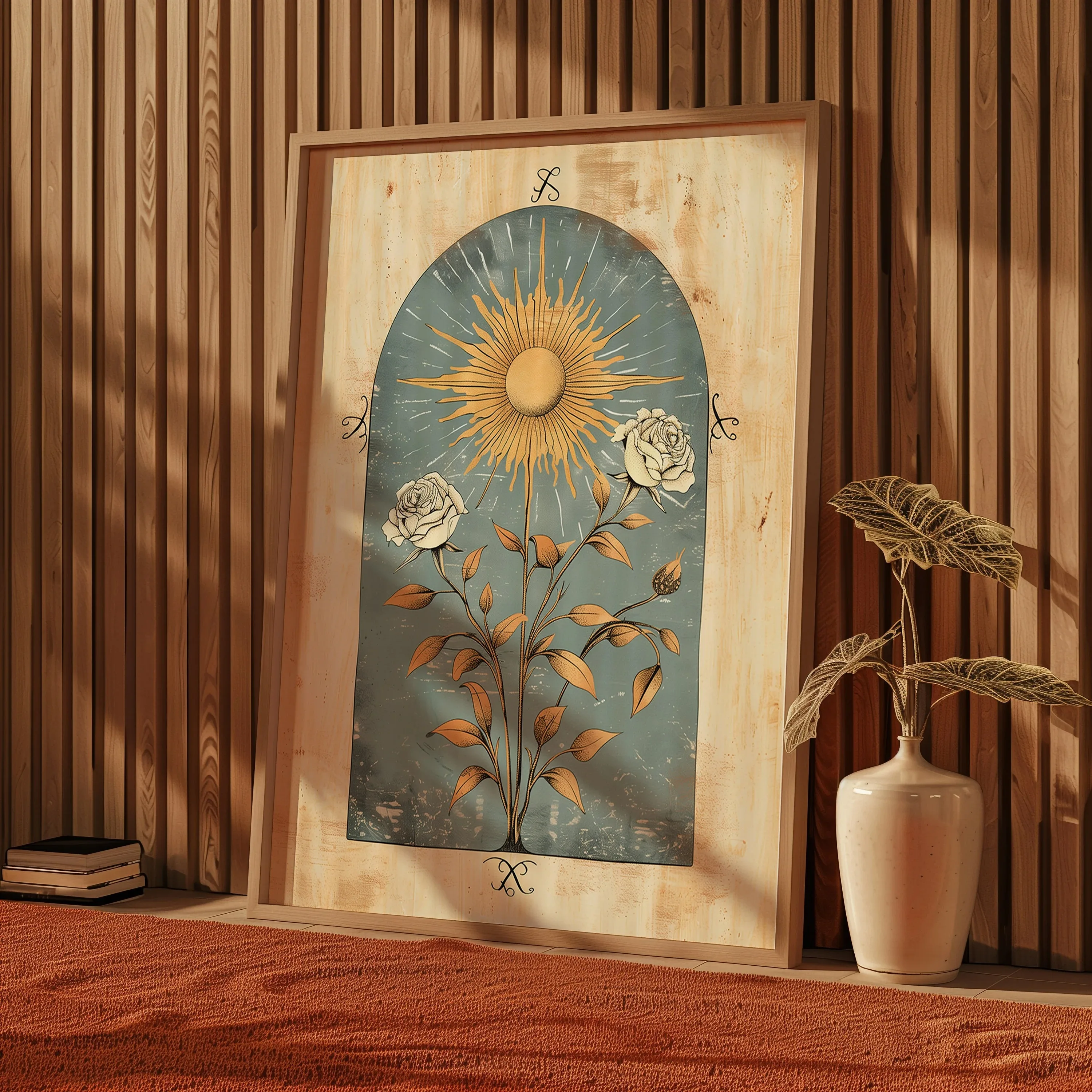Blue Sun Art Poster Mystical Norse Folk Art Illustration Flowery Spiritual Print Botanical Rose Boho Wall Art Bedroom Decor