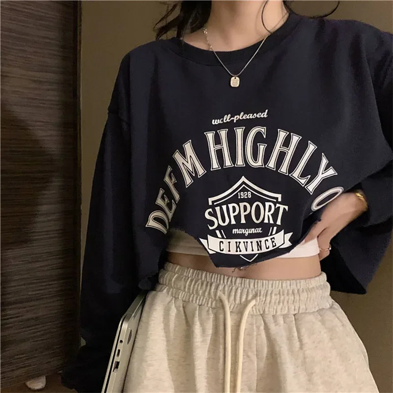 Women O-Neck Irregular Sweatshirts Letter Printed 2024 Spring Autumn Korean Fashion Crop Tops Harajuku Punk Gothic Streetwear