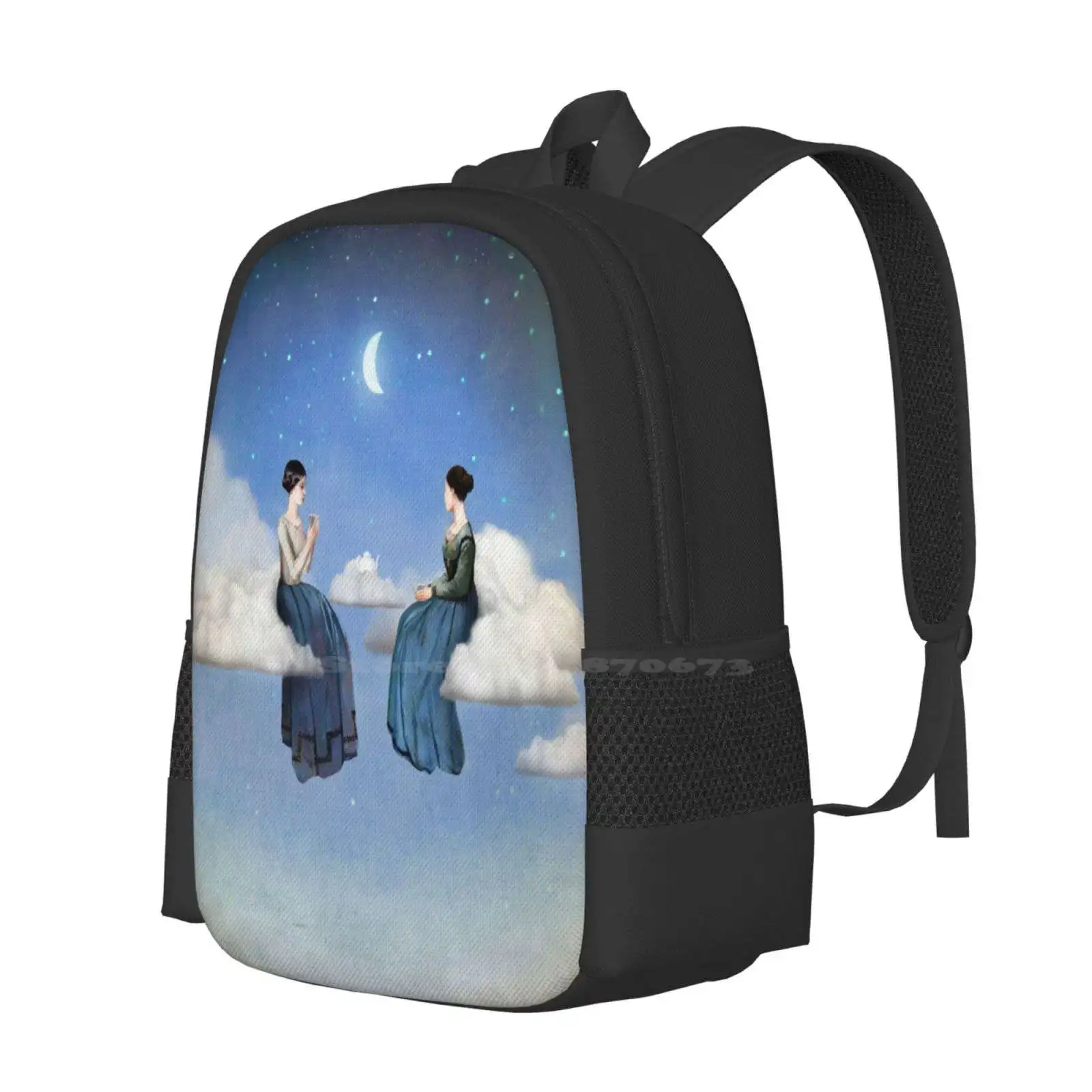 Wind , Clouds And Tea Backpack For Student School Laptop Travel Bag Heaven Sky Night Stars Starlight Moonlight Blue Woman Tea