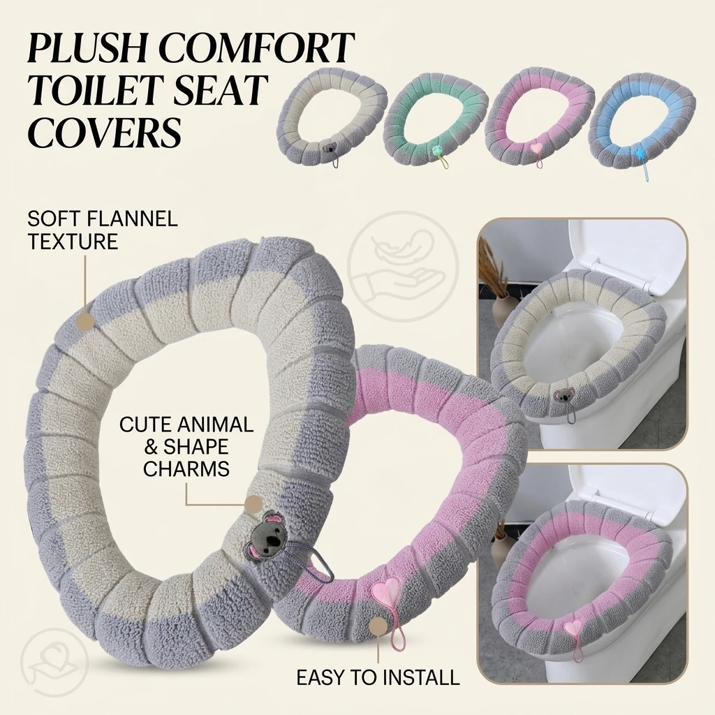 Universal Toilet Seat Cushion Thickened Handle Plush Warm Toilet Cover Four Season Washable Household Comfortable Seat Cover