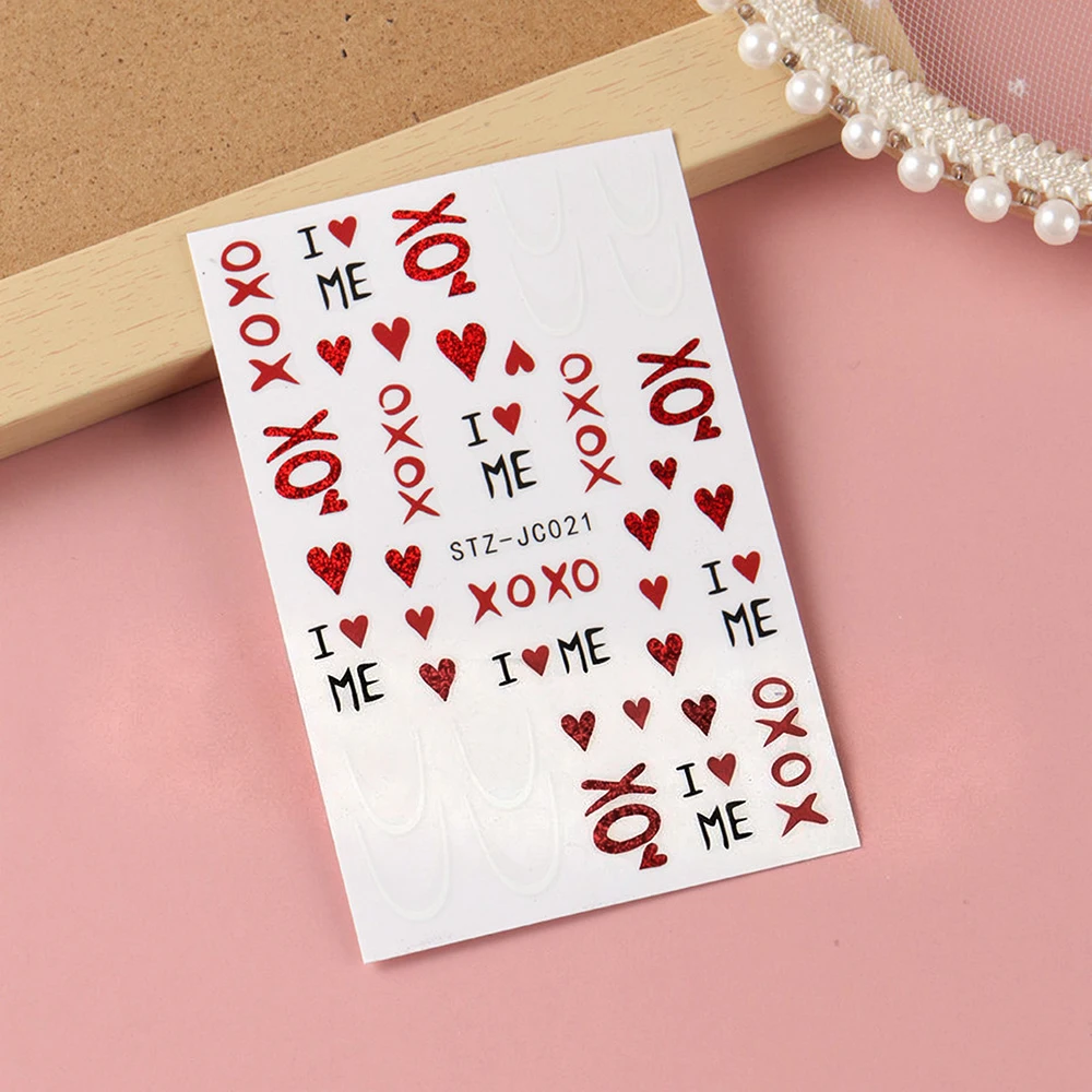 1 Uds. Pegatinas 3D con purpurina de corazón de amor rojo para decoración de uñas, pegatinas autoadhesivas para el Día de San Valentín, línea francesa blanca, corazones rojos