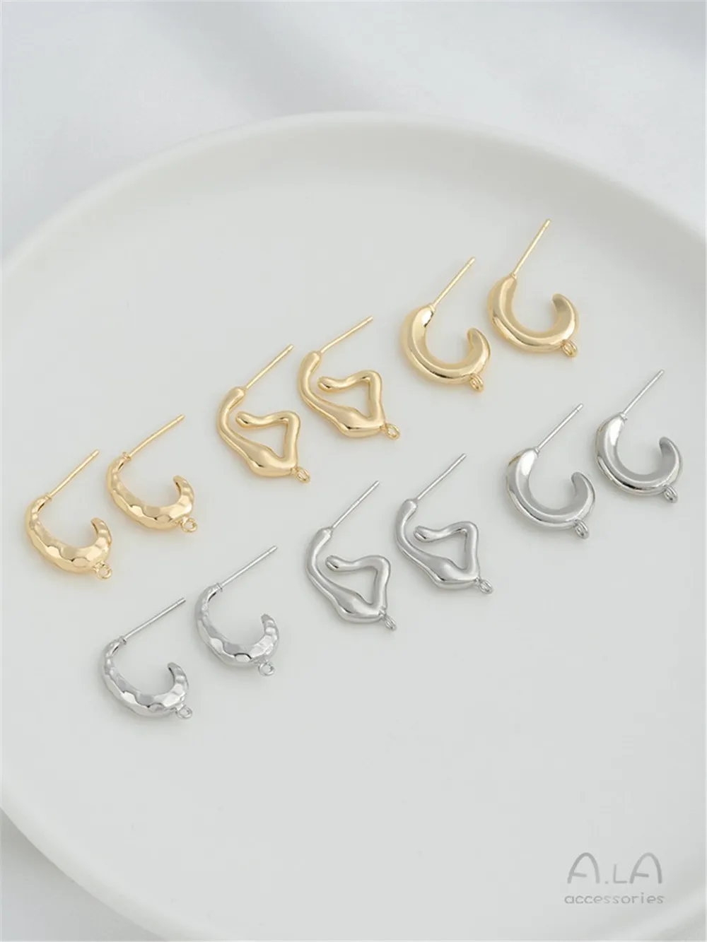 14K Gold-coated C-shaped Diamond Earrings with Rings Lava Earrings 925 Silver Needle Diy Hand-made Ear Jewelry Materials F412