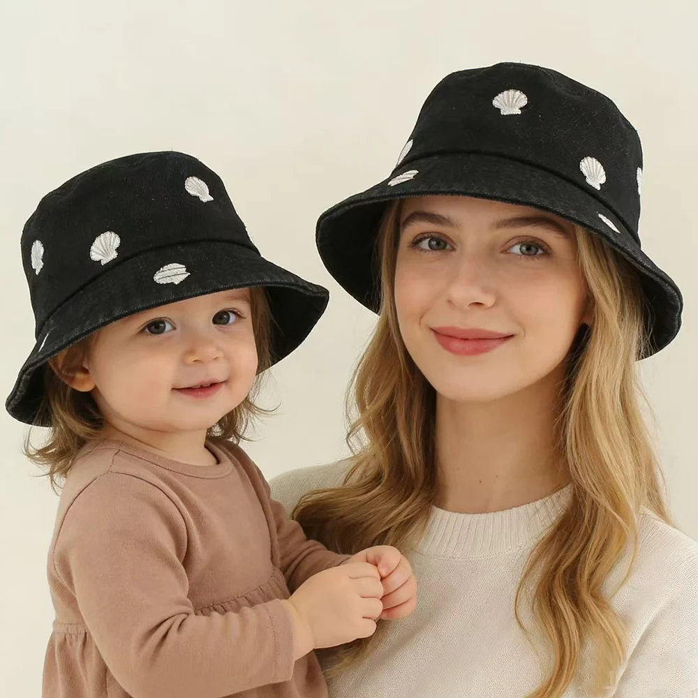 

2026 Parent-Child Summer Sun Hat Kids Sea Shell Embroidery Denim Bucket Hat For Baby Girls Boys Cowboy Fishman Cap Children
