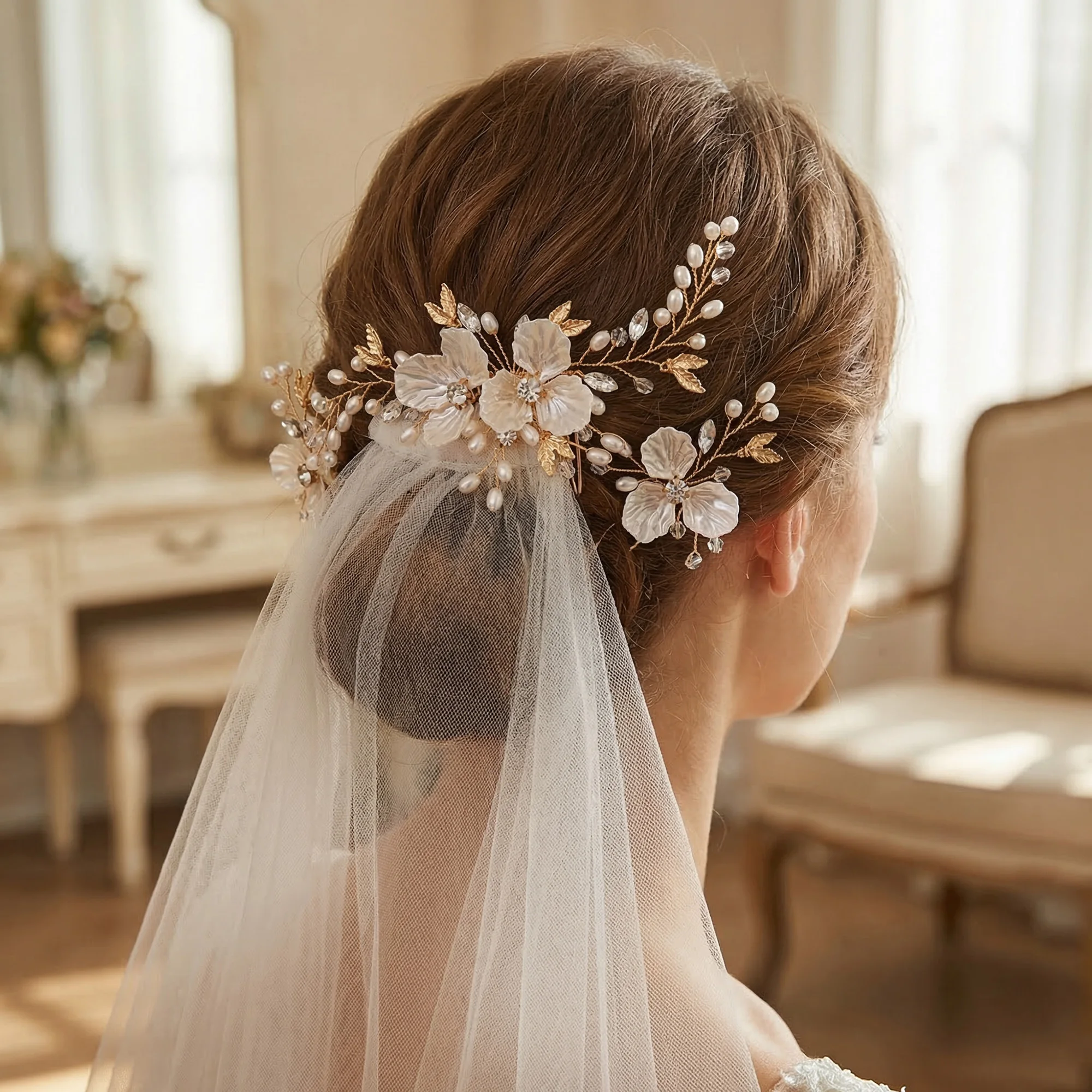 3Pcs/Set Elegant Handmade Pearl Flower Wedding Hair Combs Pins for Brides Gold Leaf Bridal Headpiece Hair Jewelry Accessories