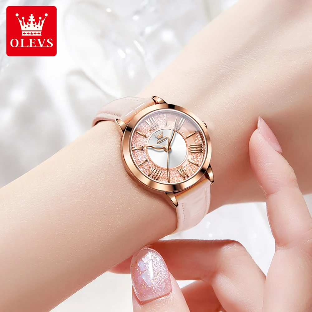 ساعة يد نسائية OLEVS 5539 بحزام جلدي أنيق وتصميم كريستالي متدفق بمقياس أرقام رومانية ساعة يد للسيدات ساعة كوارتز أصلية #5
