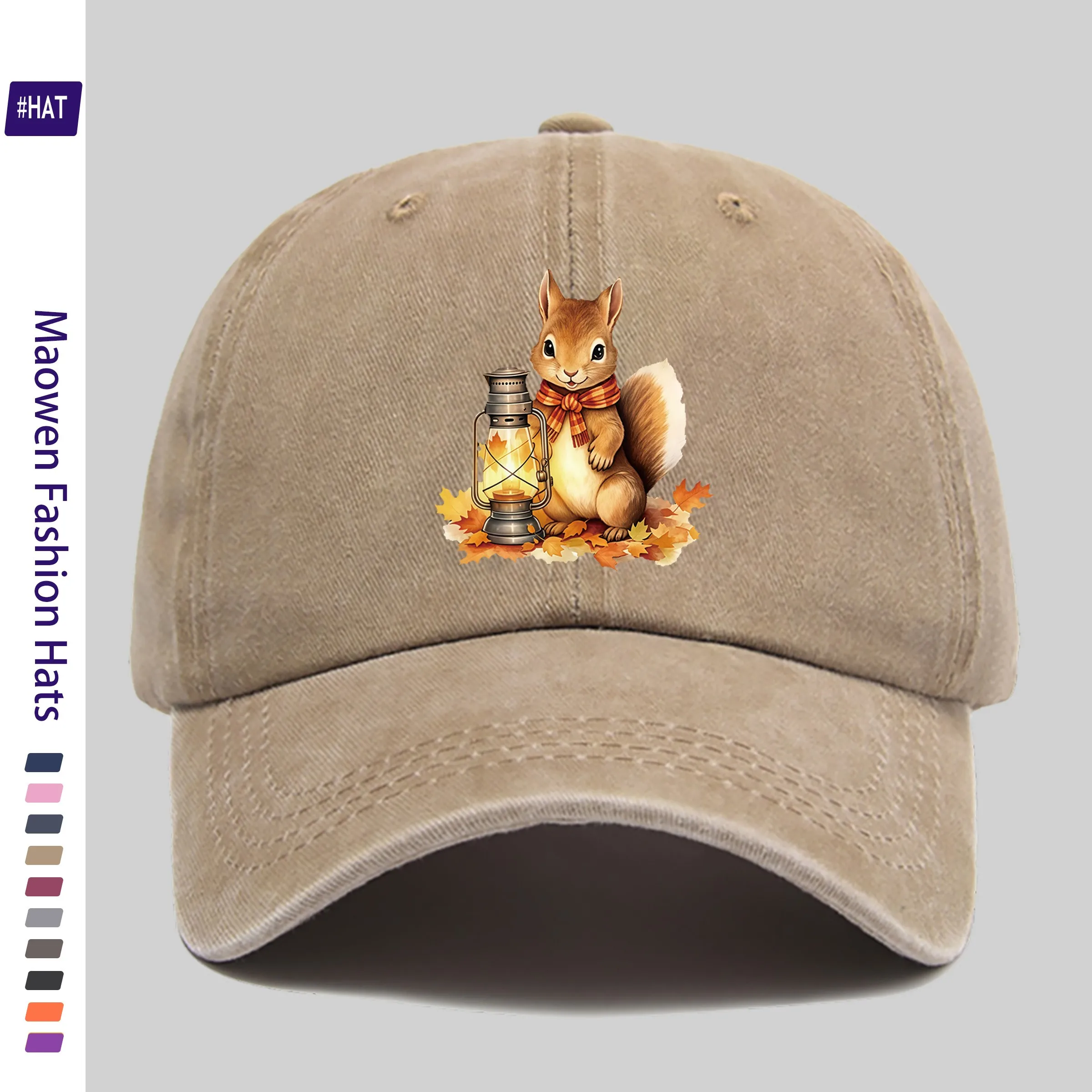 1pc Oil Lamp Autumn Leaves Scarf Squirrel Pattern Heat Transfer Printed Unisex Baseball Cap Spring/Summer/Autumn/Winter