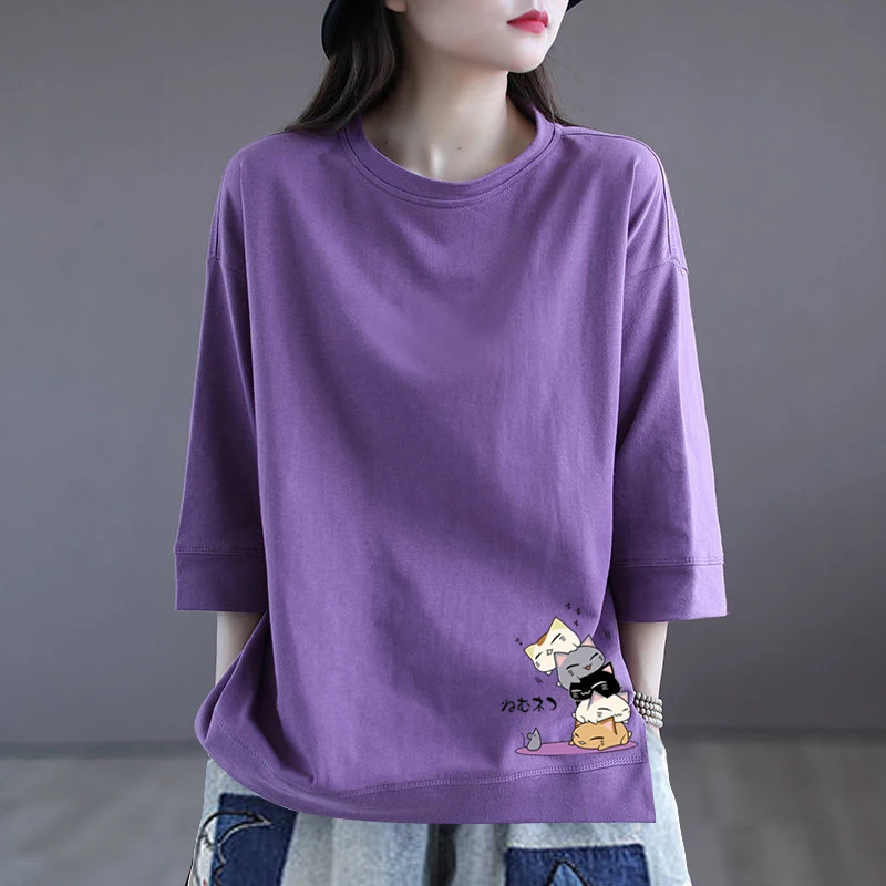 Casual Cotton T-irt Women's Summer Loose Fit Slimming Casual Top Faionable Seven-Quarter Sve round Ne Print Tee